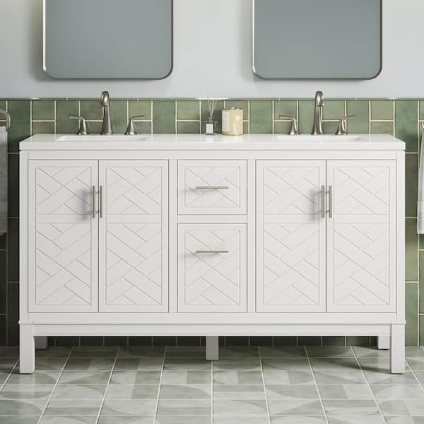 KOHLER Accra 60in. Double Sink Freestanding White Bath Vanity with Pure White Quartz Top Assembled