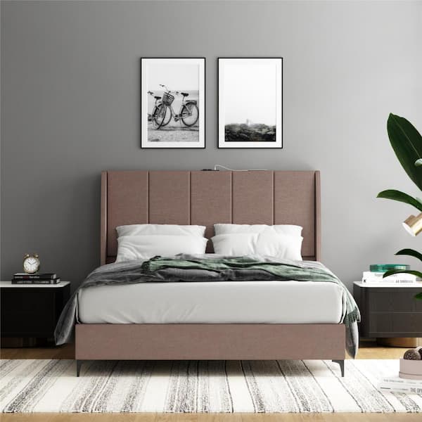 Lamora Upholstered Wood Frame Wingback Bed with USB, Queen, Taupe Linen
