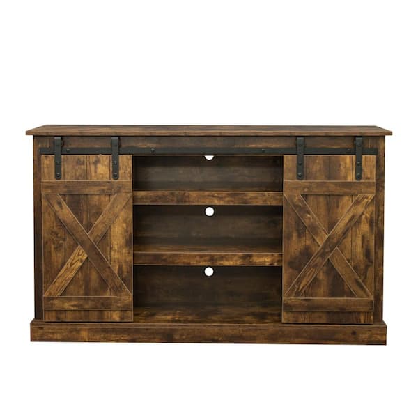 CIPACHO 53.9 in. Rustic Dark Brown MDF TV Stand with Sliding Barn Door Fits TV's up to 65 in. with Sturdy Frame