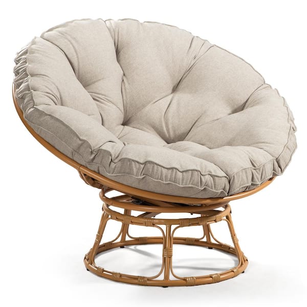 JUJABU Brown Wicker Outdoor Patio Swivel Papasan Lounge Chair with Cream Cushion