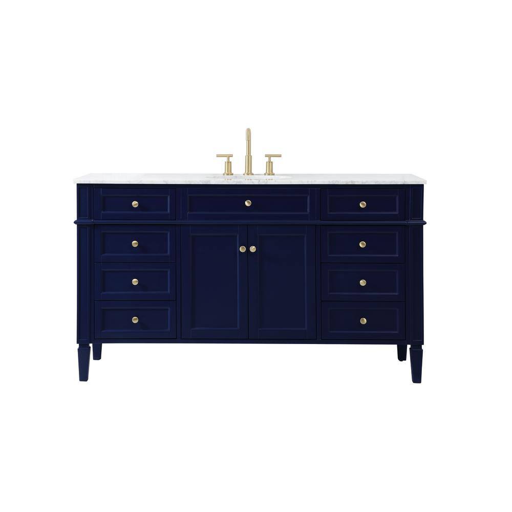 Timeless Home 60 in. W Single Bath Vanity in Blue with Marble Vanity Top in