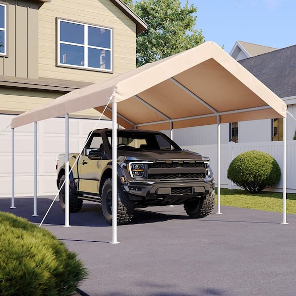 10 ft. x 20 ft. Beige Roof Steel Soft Top Carport for Cars, Boats and Outdoor Storage