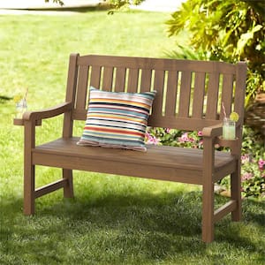 Brown-oil Printed 2-Person Plastic Outdoor Bench with Cup Holder All-Weather HDPS Garden Bench Waterproof for Backyard