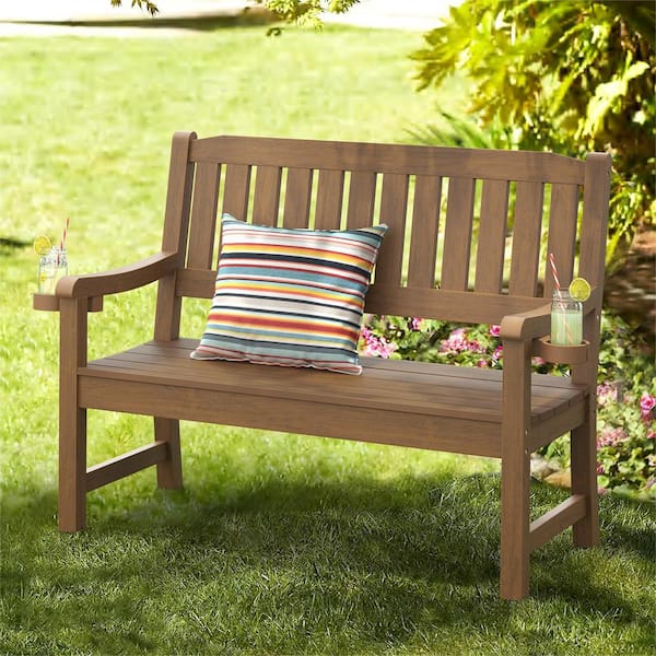 LUE BONA Brown-oil Printed 2-Person Plastic Outdoor Bench with Cup Holder All-Weather HDPS Garden Bench Waterproof for Backyard
