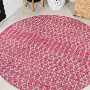Ourika Moroccan Geometric Textured Weave Fuchsia/Light Gray 5 ft. Round Indoor/Outdoor Area Rug
