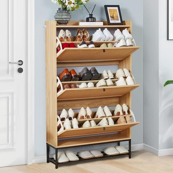 ATHMILE Natural Wooden Shoe Storage Cabinet with Triple-Tier Flip