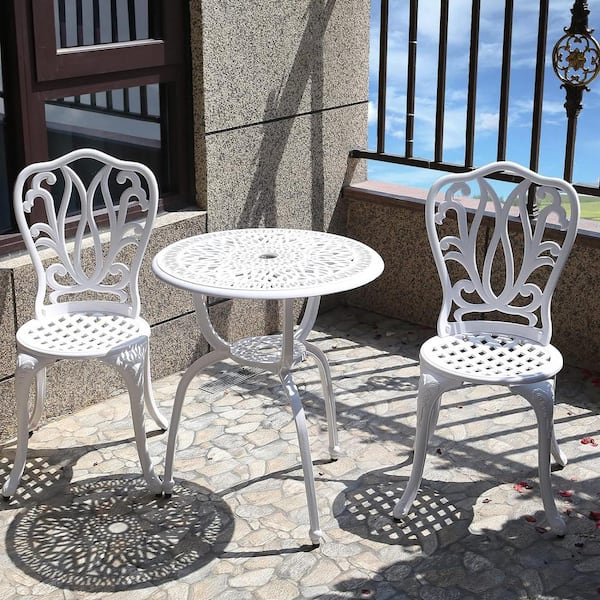 Unbranded White 3-Piece Cast Aluminum Outdoor Bistro Set for Park Yard Front Porch