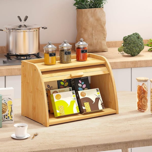 Numhew 1-Piece Large Capacity Natural Bamboo Corner Bread Box for