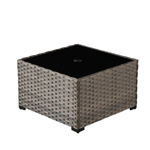 OculusB Square Wicker Outdoor Patio Coffee Table with Tempered-Glass Top and Umbrella Hole