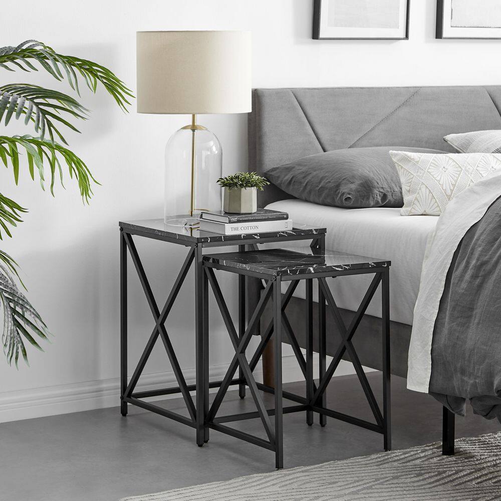 Modern Faux Marble and Black Metal Nesting End Table Set