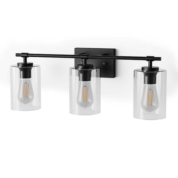Briignite 24 in. 3-Light Matte Black Cylinder Vanity Light with Clear Glass Shade for Bathroom Multi Mounting Positions
