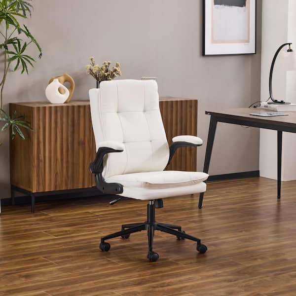 Winado Faux Leather Fabric with Foot Pegs Swivel Adiustable Height Task Chair in White with Adjustable Arms