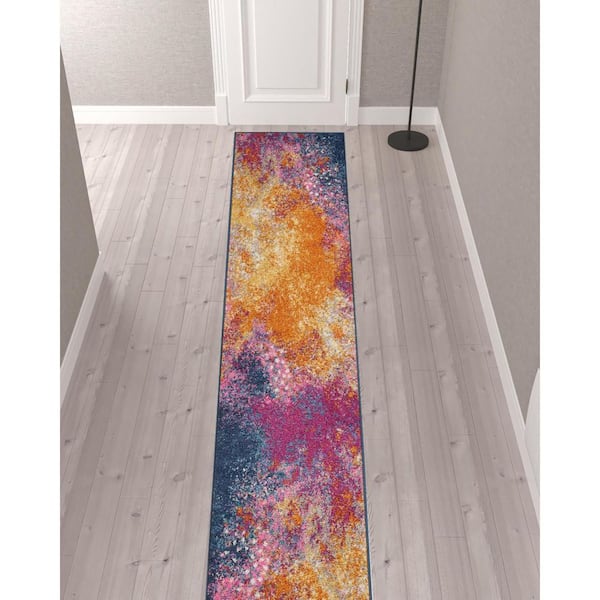 2 ft. x 14 ft. Blue Abstract Washable Area Rug