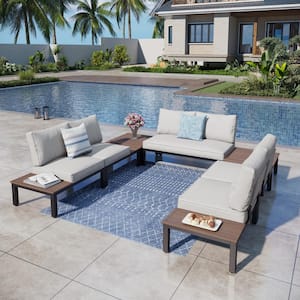 Metal 6-Seat 7-Piece Outdoor Patio Conversation Set with Gray Cushions and 2 Coffee Tables