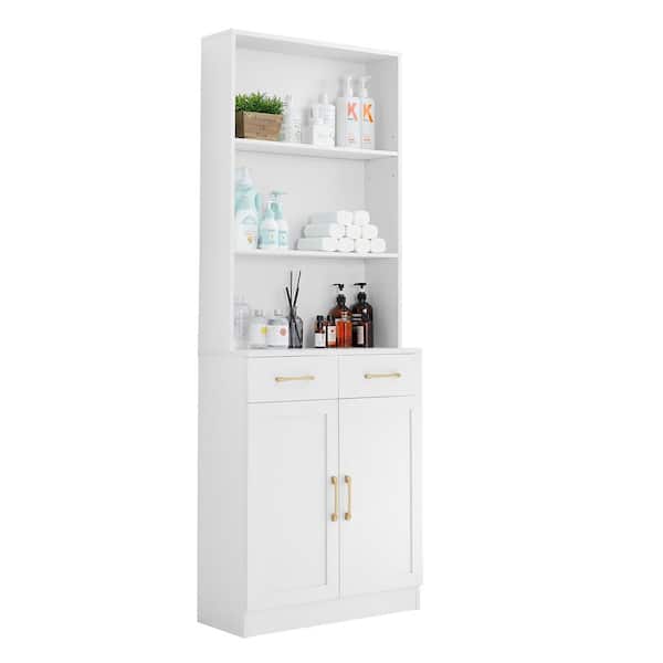 25.9 in. W x 7 in. D x 70 in. H White Freestanding Bathroom Linen Cabinet with 2-Doors and Drawers Adjustable Shelf