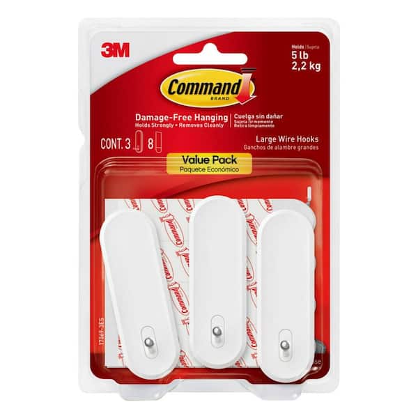 Command™ General Purpose Hooks Multi-Pack, Large, Plastic, White, 5 lb  Capacity, 3 Hooks and 6 Strips/Pack