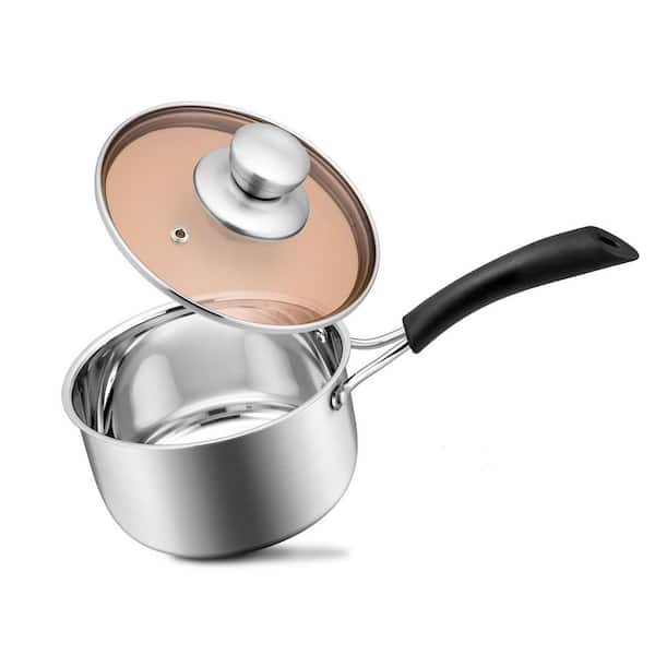 Small Stock Pot [1 qt.] Brushed Stainless Steel w Tempered Glass Lid and Heat-proof Handle, Dishwasher Safe, Soup Pots