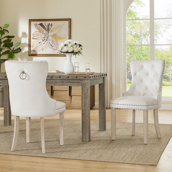 Rustic Vintage Beige Velvet Wood Dining Chair Armless with Nail Head and Solid Wood Legs for Kitchen Set of 2