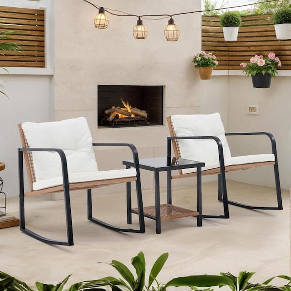 Yangming Black 3-Piece Wicker Square Table Patio Outdoor Dining Bistro Set with White Cushion for Balcony, Deck Backyard, Garden