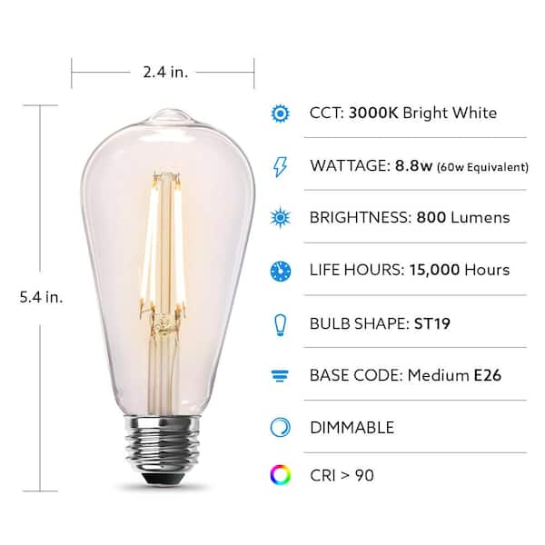 Feit Electric 60-Watt Equivalent ST19 Dimmable Straight Filament Clear  Glass E26 Vintage Edison LED Light Bulb, Bright White (4-Pack)  ST1960/CL930CAHDRP/4 - The Home Depot