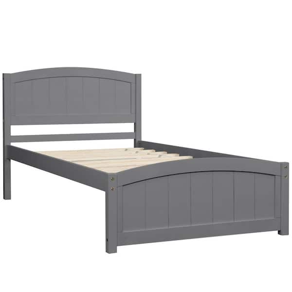 Gray Wood Frame Twin Platform Bed with Headboard, Footboard and Wood Slat Support