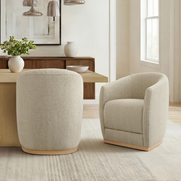 Hannah Oatmeal Birch Wood Frame Boucle Water-repellent Fabric Upholstered 360° Swivel Caster Dining Chair Set of 2