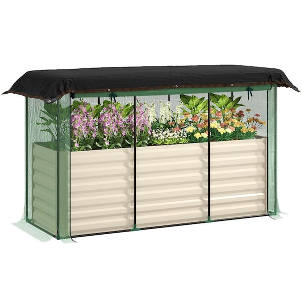 Outsunny 70.9 in. x 23.6 in. x 22.6 in. Galvanized Steel Raised Garden Bed with Net Cover and Roof, Metal Planter Box, Beige