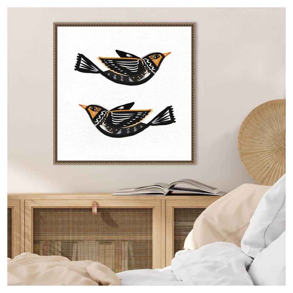 Nordic Folk Birds Abstract Canvas Wall Art with Beaded Frame
