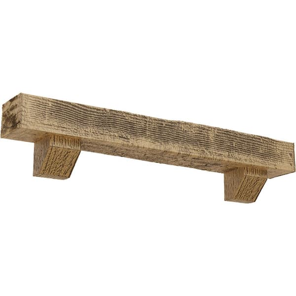 Ekena Millwork 4 in. x 4 in. x 7 ft. Rough Sawn Faux Wood Fireplace Mantel Kit with Ashford Corbels, Natural Pine
