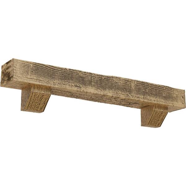 Ekena Millwork 6 in. x 6 in. x 5 ft. Rough Sawn Faux Wood Fireplace Mantel Kit, Ashford Corbels, Natural Pine