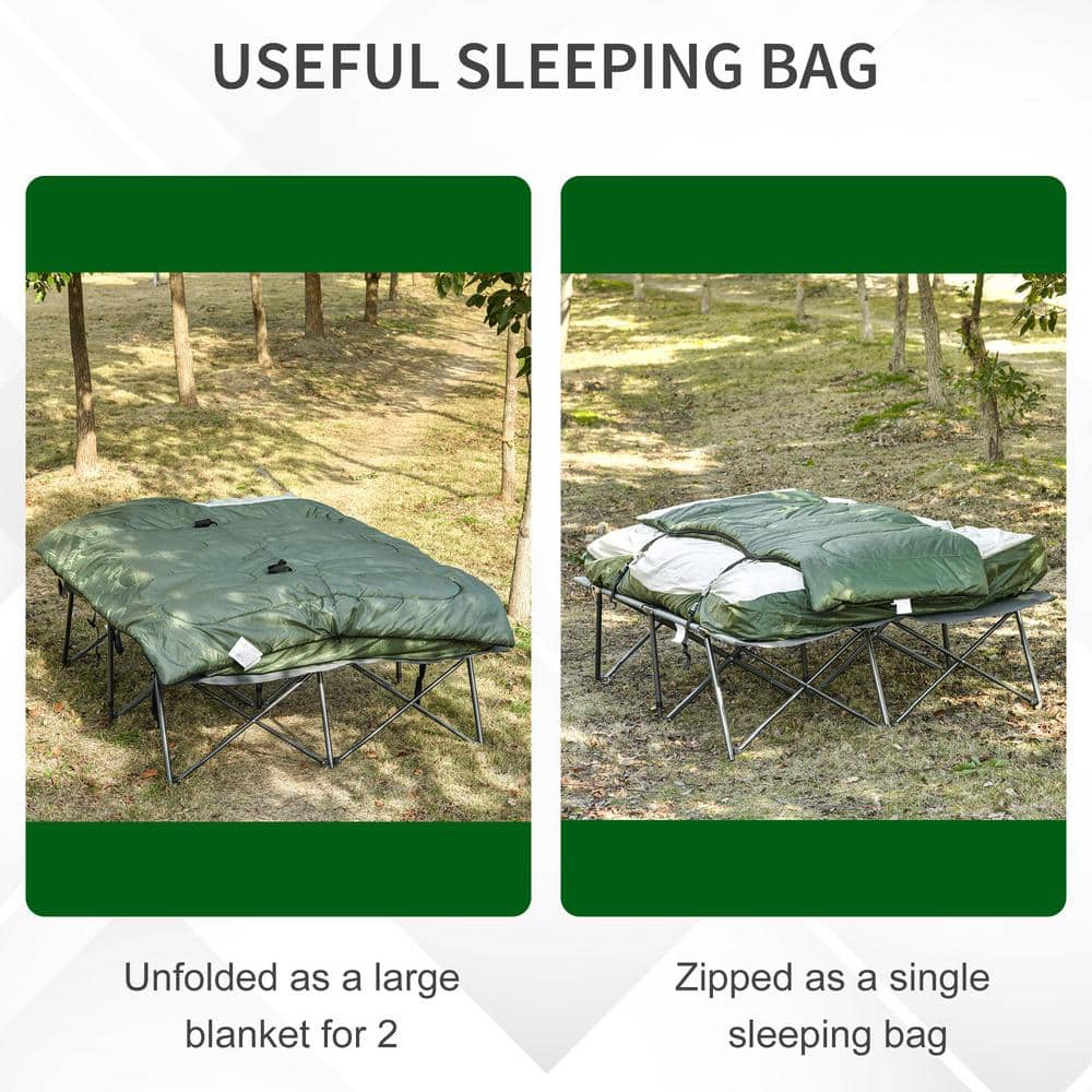 Outsunny Green 2-Person Folding Camping Cot with Air Mattress and Pillows
