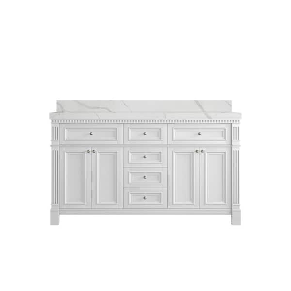 Willow Collections Paris 60 in. W x 22 in. D x 36 in. H Double Sink Bath Vanity in White with 2 in. Calacatta Laza qt. Top