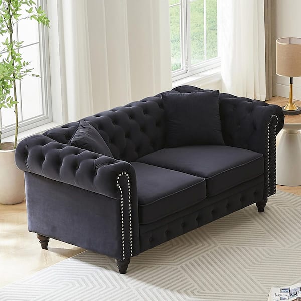 Arlene 63.5 in. Rolled Arm Velvet Upholstered Rectangle Tufted Chesterfield Sofa in Black with Pillows, Nailhead Trim
