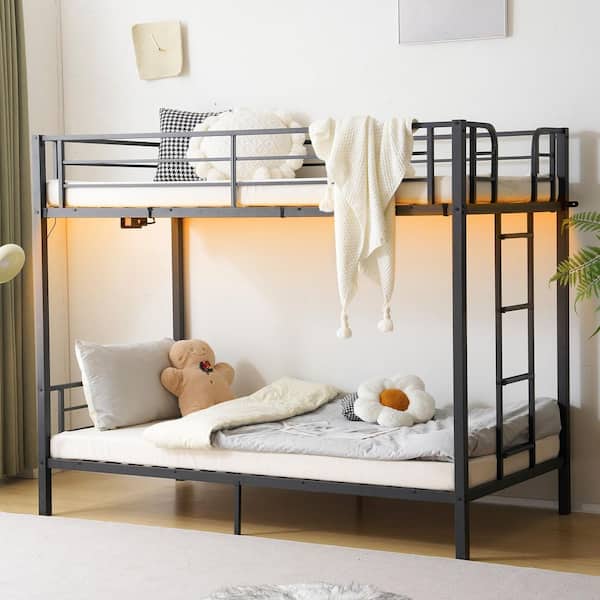 Black Twin Over Twin Metal Bunk Bed Frame with LED Lights and Non-Slip Ladder and Charging Station