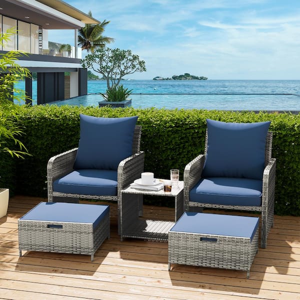 Poteban 3 of Piece Gray Wicker/Rattan Patio Conversation Sets with Navy Cushion