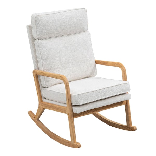 Misopily 2 in 1 Ivory Wood Convertible Indoor/Outdoor Rocking Chair, Lounge Chair with Cushions, High Backrest & Armrest