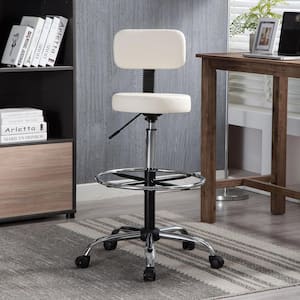 Cream Faux Leather Drafting Stool for Office, Studio, Adjustable Height with Backrest and Rolling Wheels