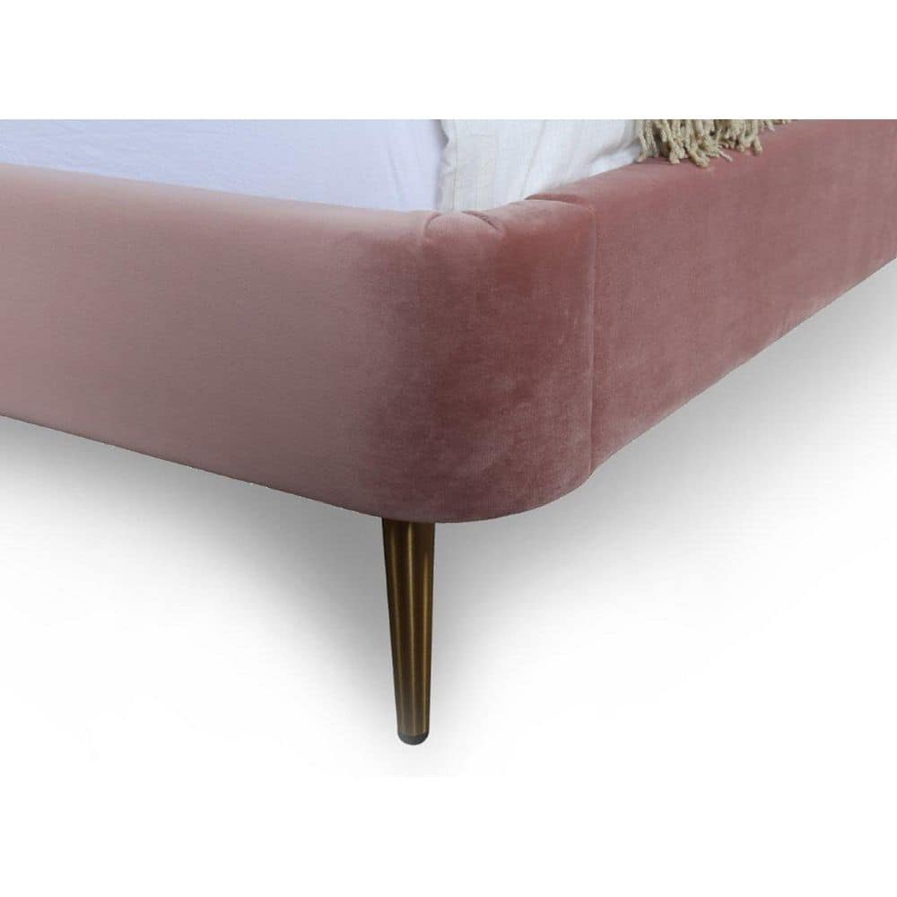 Blush Pink Velvet Full Bed with Gold Legs and Upholstered Headboard