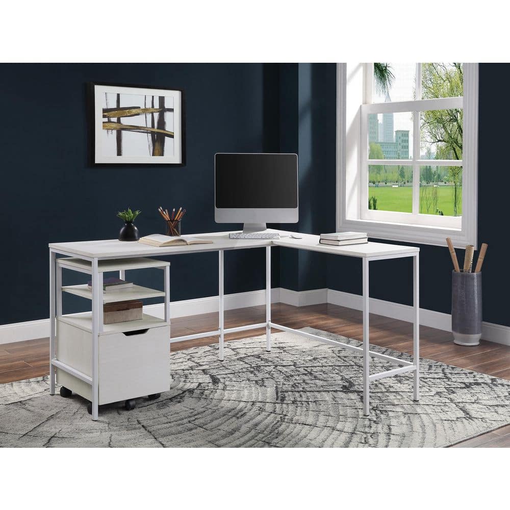 Contempo White Oak Adjustable L-Shaped Desk with Filing Drawer