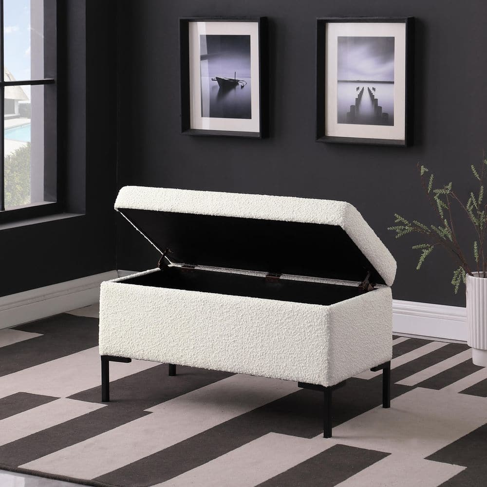 Cream Boucle Medium Storage Bench with Black Metal Legs