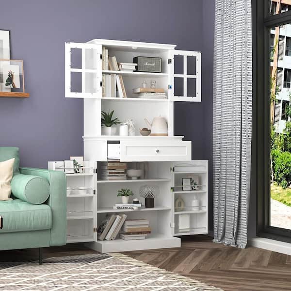 FUFU&GAGA White Painted Storage Cabinet with Framed Glass Doors, Drawer, Adjustable Shelves