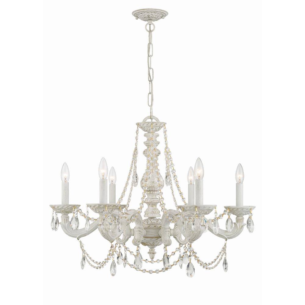 Antique White 6-Light Chandelier with Clear Italian Crystals