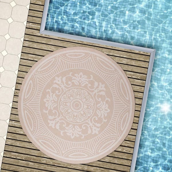 7' Round Beige White Waikiki Modern Medallion Indoor Outdoor Area Rug
