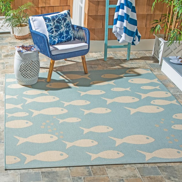 Courtyard Aqua/Beige 5 ft. x 5 ft. Novelty Fish Indoor/Outdoor Patio  Square Area Rug