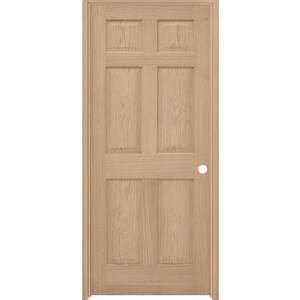 32 in. x 80 in. 6-Panel Left-Hand Unfinished Red Oak Wood Single Prehung Interior Door with Nickel Hinges