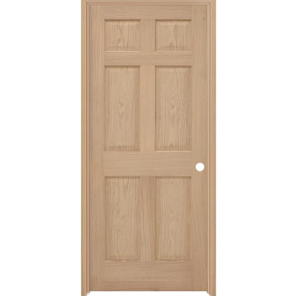 24 in. x 80 in. 6-Panel Left-Hand Unfinished Red Oak Wood Single Prehung Interior Door with Bronze Hinges