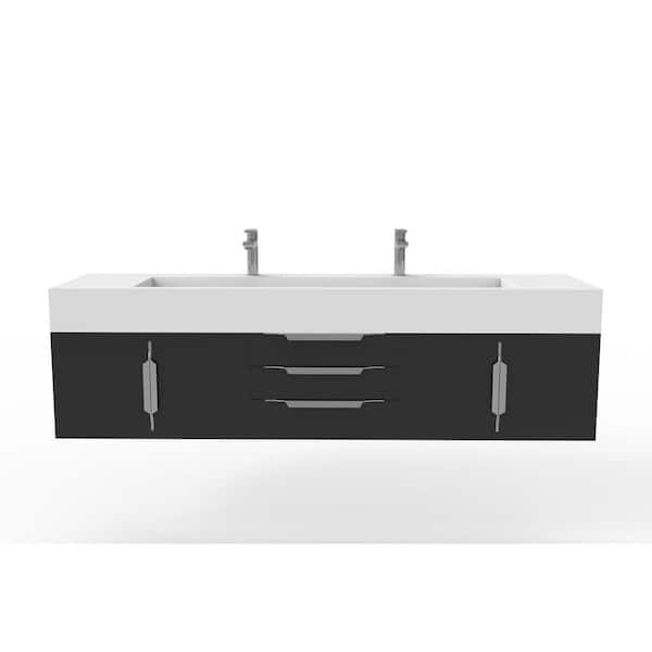 castellousa Nile 72 in. W. x 19 in. D x 20 in. H Single Bath Vanity in Matte Black with Chrome Trim and White Solid Surface Top
