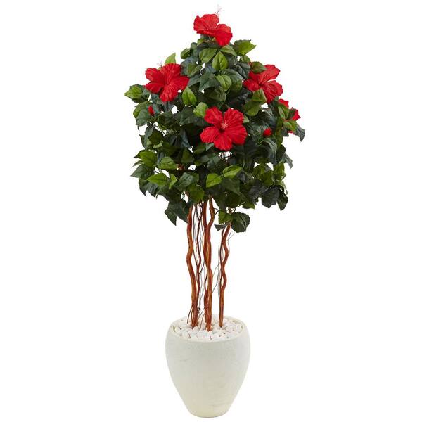 Nearly Natural Indoor Hibiscus Artificial Tree in White Oval Vase