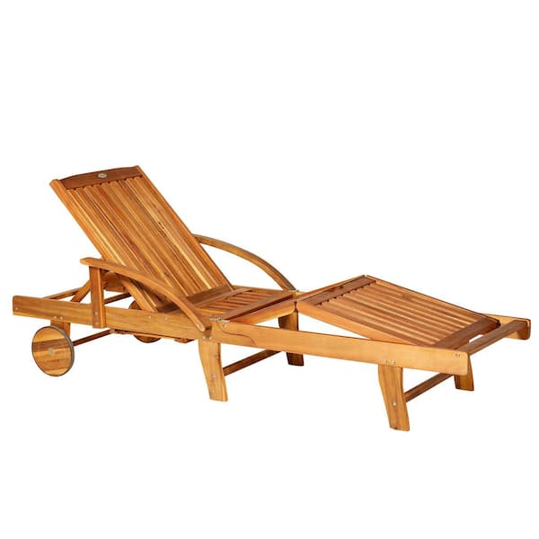Outsunny Acacia Wood Folding Patio Outdoor Sun Lounger with Wheels and Pull-Out Tray