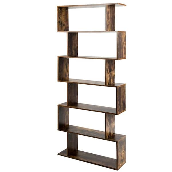 6-Tier S-Shape 76 in. Tall Brown Wood Bookcase Z-Shelf Style Storage Display Rack Brown
